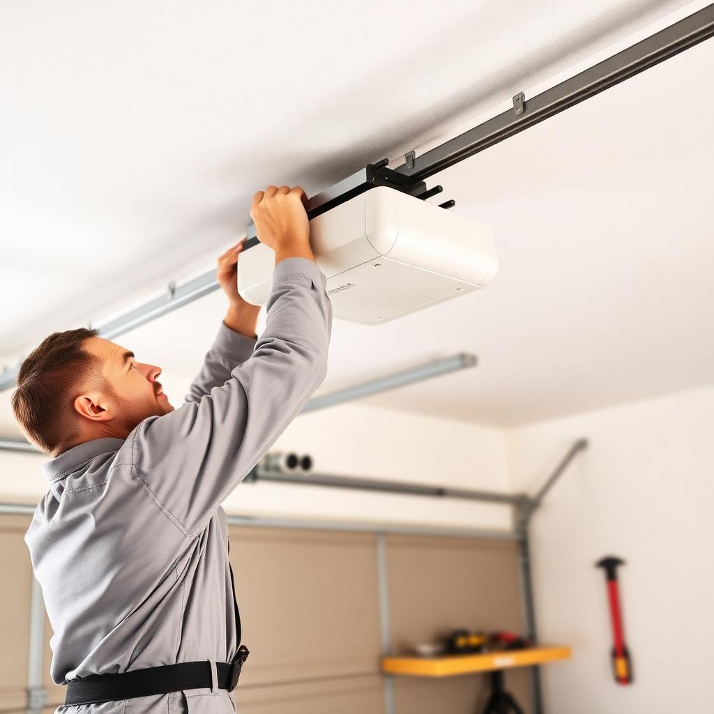 Technician installing a garage door opener motor in a Gastonia, NC residential garage