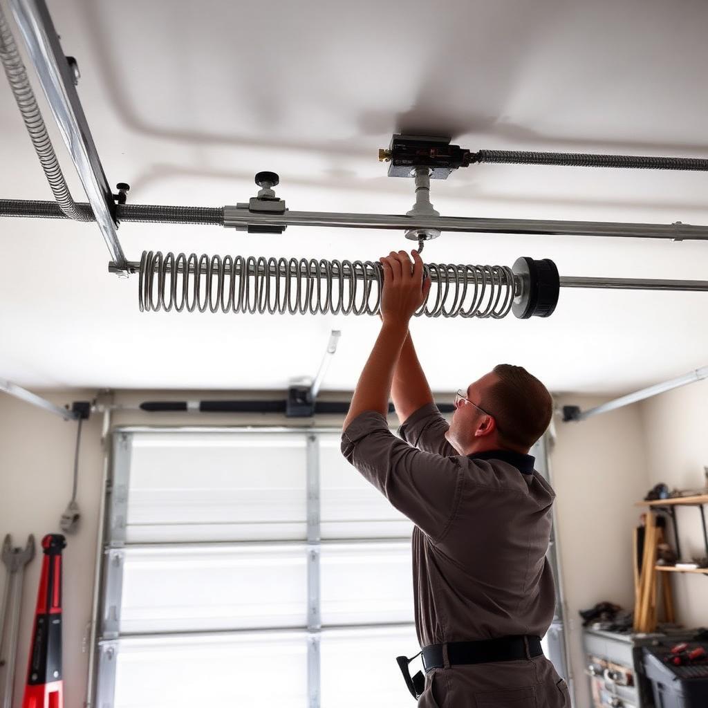 Technician performing garage door spring repair in a Gastonia, NC residential garage