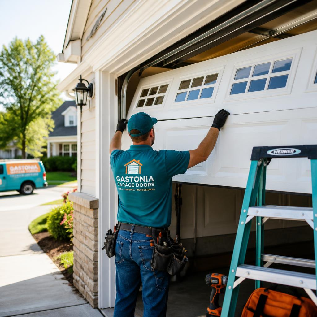 Technician installing a new residential garage door in Gastonia, NC