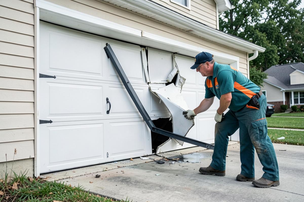Technician inspecting a crashed and damaged garage door in Gastonia, NC