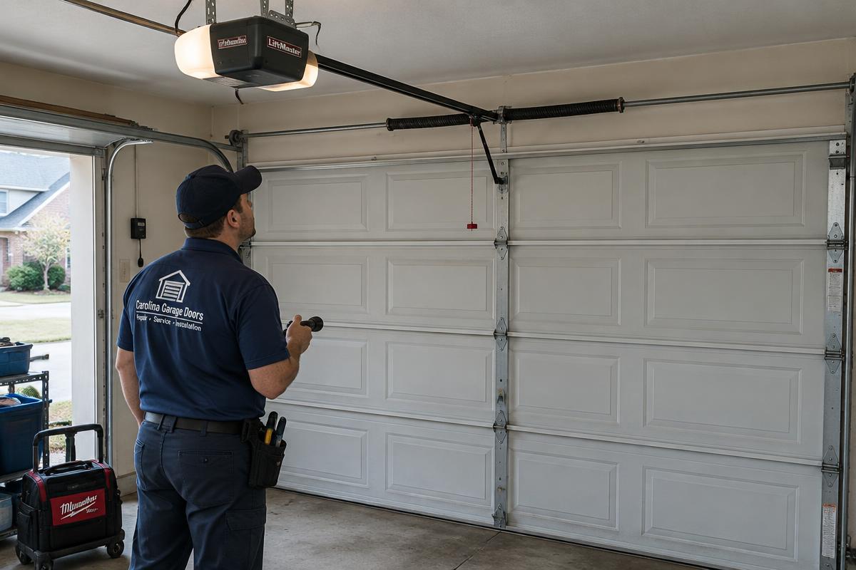 Technician inspecting a garage door that won't open in Gastonia, NC