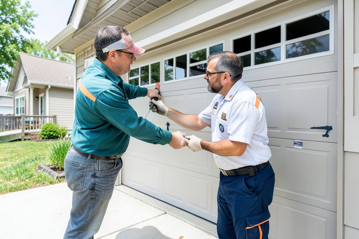 Technician replacing a damaged garage door panel in Gastonia, NC